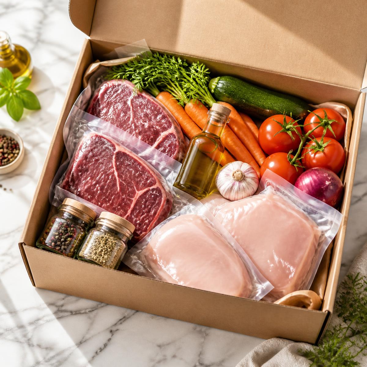Caja BOON con carnes envasadas, verduras frescas, aceite y condimentos